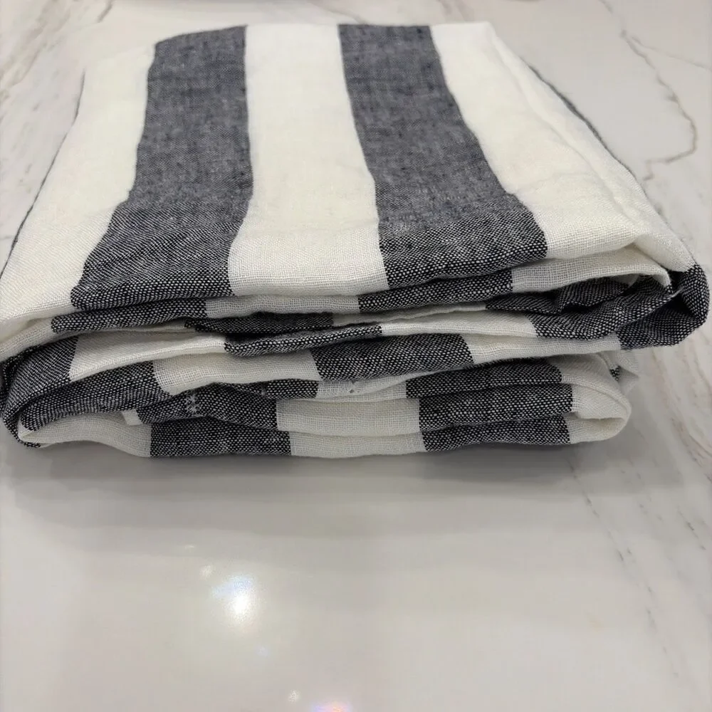 NWT Frescobol Carioca 100% Linen Beach Towel Midnight Blue Striped- Netjets EXC!